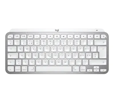 A top-down view of a pale gray and white Logitech MX Keys Mini wireless keyboard against a white background.