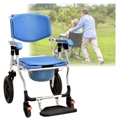 Produktbild von Toilettenstuhl mit Rollen für Senioren, fahrbarer Duschstuhl mit Armlehnen und weicher Sitzfläche, klappbarer Toilettenrollstuhl mit Bremse, Dusch-Toilettenstuhl fahrbar mit Urineimer (Blau, A)