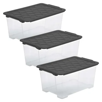 Produktbild von Rotho Aufbewahrungsbox 3er-Set 44L Evo Safe Keeping - Kunststoffbox 59,0 x 39,5 x 28,0 cm - Stapelbox mit Deckel - Lagerbox Kiste sicher verschliessbar