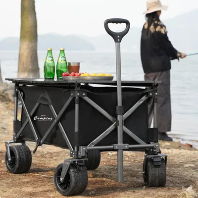 Produktbild von Großer Strandwagen mit Tankrädern, 360°Drehung, Doppelbremse, großer Kapazität, faltbar, ideal für Garten, Outdoor, Camping, Picknick und Strand