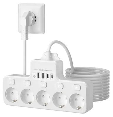 Productafbeelding van Meisax wandcontactdoos, extra plat, voor wandmontage, wit, met 5 stopcontacten en 2 USB-A poorten