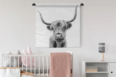 Produktbild von MuchoWow® Wandteppich Wandbehang Scottish Hochlandrind - Tier - Schwarz - Weiß 90x90 cm Tapisserie Dekoration Wandtuch - Wandaufhänger