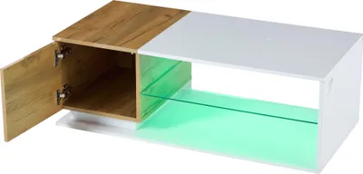 Immagine prodotto di okwish Tavolino da caffè a LED Tavolino da caffè con design lucido e spazio di archiviazione, tavolino moderno con illuminazione a LED, bianco + rovere