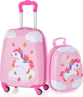 Produktbild von 2 TLG. Kinderkoffer & Rucksack, 16” +12” Kinderkofferset, Kindertrolley Kindergepäck, Handgepäck Reisegepäck Hartschalenkoffer für Kinder (Rosa, 16 Zoll +12 Zoll)