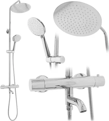 A collage of different views of a chrome shower set, including a shower head, a handheld shower head, and a thermostat faucet.