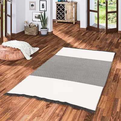 Produktbild von Designer Teppich Beidseitig Ethno Kelim Grau Schwarz Lines, Größe:80x150 cm