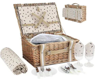 Productafbeelding van Picknickset van riet, met geïsoleerde koeltas, waterdichte deken, voor 2 personen, geschikt voor buiten