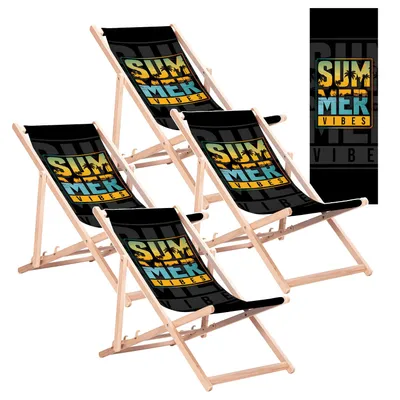 Image de 4 chaises longues classiques en bois de hêtre, modèle GreenBlue GB183, avec l'inscription "Summer Vibes"