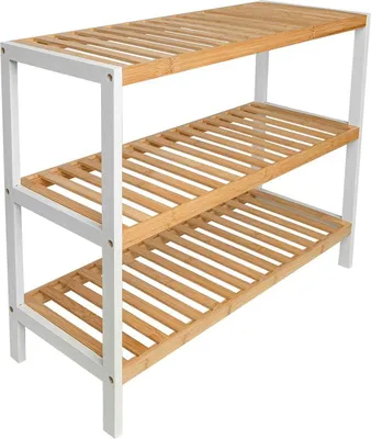 A three-tiered bamboo shoe rack with white frame, shown against a white background.