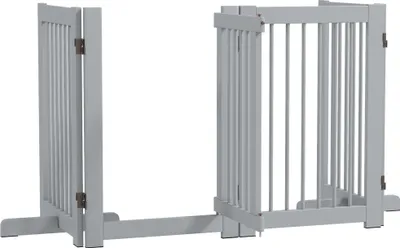 Produktbild von Freistehendes Hundegitter, 4 Paneele, flexibel, Kiefernholz, 204L x 36B x 75H cm, Hellgrau