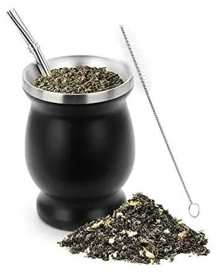 Produktbild von Edelstahl Yerba Mate Tee Becher Set, 230 ml / 8 OZ doppelwandigen, BPA-freiem, mit Strohhalmen und Reinigungsbürste(Schwarz)