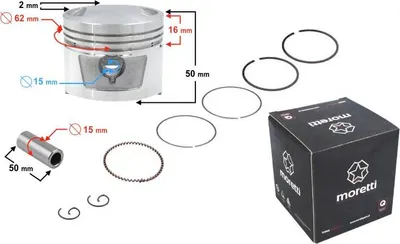 Produktbild von Moretti 150cc Motorrad 4T Kolben, Durchmesser: 62 mm, Kolbenboden: 15 mm, Kolbenhöhe: 23,5 mm, komplett