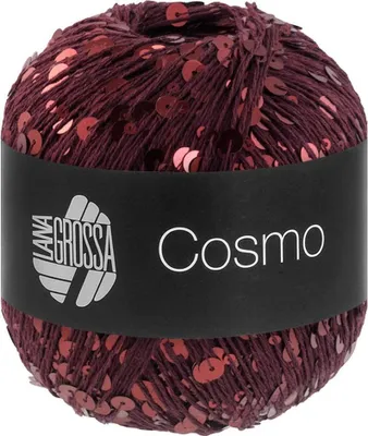 A ball of burgundy yarn with red sequins.