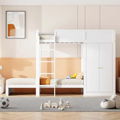 Immagine prodotto di Letti a soppalco AIORBER, 90x200 cm, con scala di sicurezza verticale, armadio, letto per bambini, ampio spazio di archiviazione, rete a doghe, salvaspazio, bianco