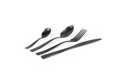 A set of four black cutlery items arranged diagonally on a white background.