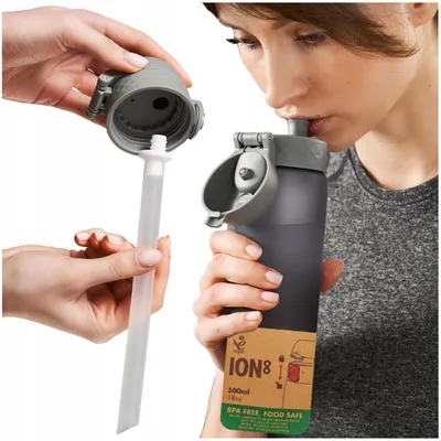 Produktbild von Ion8 Trinkflasche mit Strohhalm für Kinder und Erwachsene 500ml Grau