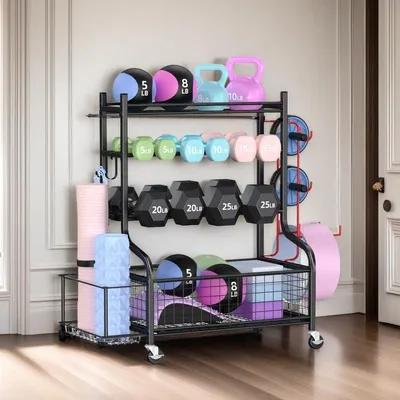 Produktbild von Halterstandaard - Multifunktionales Design für Kurzhanteln, Kettlebells und mehr - Stabil und Langlebig - Hantel-System mit Stauraum - Robustes Stahlgestell für Fitnessgeräte - Inklusive Räder für einfache Bewegung - Pulverbeschichteter Stahl