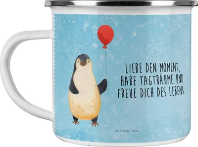 Produktbild von Mr. & Mrs. Panda Pott Pinguin Luftballon - Eisblau - Geschenk, Teetasse, Emaille Becher, Glück, Lebenslust, blechbecher, Liebe, Kaffeepott, Tasse