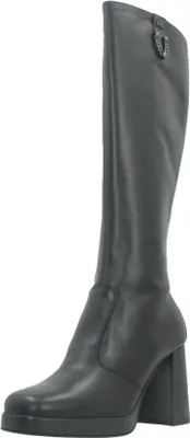 A studio shot of a single black boot against a white background.