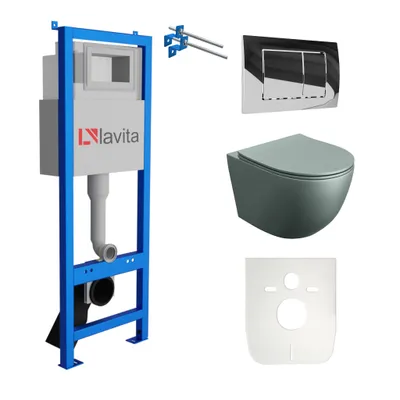 Produktbild von Lavita LAV 101 Vorwandelement für WC 40cm + Wand Hänge Tiefspül WC SINTO Grau Spülrandlos + Bedienplatte LAV 200.1.2 Verchromt | Komplettset | Unterputz Spülkasten | Toilette Komplett Sett