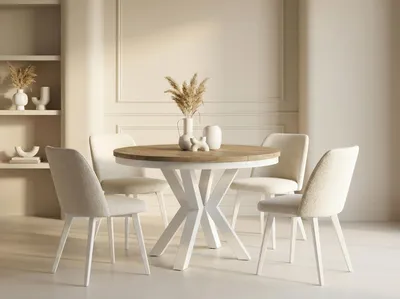Produktbild von Runder Ausziehbarer Esstisch im Loft-Stil - Industrieller Tisch mit Weißen Metallbeinen - Platzsparender Tisch für Wohnzimmer - Lancelot Eiche - 100 bis 180 cm