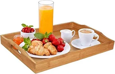 Image de Plateau en bambou avec poignées, 37 x 26 x 5 cm, pour le petit-déjeuner ou une fête