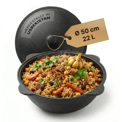 Produktbild von Kazan Gusseisen 22 L mit Deckel – Original Uzbekischer Kazan Namangan Dutch Oven Feuertopf für Camping Grill Outdoor Schwenktopf für Plov Wok Eintopf robuster Gusseisenkessel