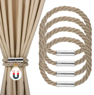 4 magnetische Gardinenhalter, gewebte Kordel, gelblich braun