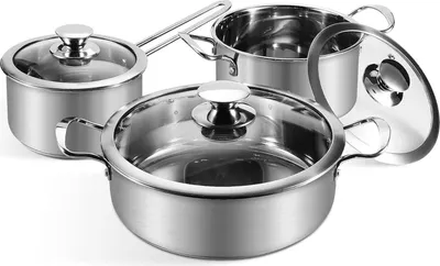 Produktbild von Wodillo 6-teiliges Edelstahl Kochtopfset mit Glasdeckeln und Kühlgriffen