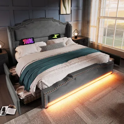 Produktbild von Abrihome Polsterbett 180x200cm mit LED und USB, Samt - Doppelbett Stauraumbett mit 4 Schubladen, Grau