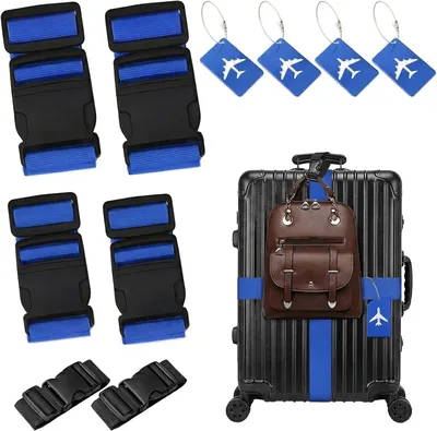 Image de 4 sangles de valise, réglables, de couleur bleue, pour bagages de voyage