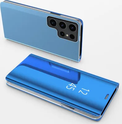 A blue smartphone case with a clear view flip cover is shown next to a blue smartphone.