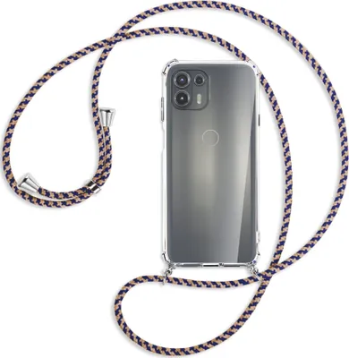 Produktbild von Handykette Backcover-Schutzhülle mit Band (Metall silberfarben) für Motorola Edge 20 Lite (XT2153-1) - blau+beige
