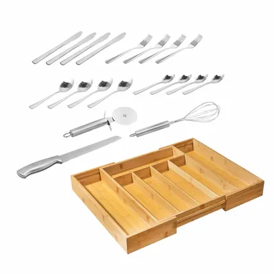Produktbild von Besteckkasten mit Besteck, ausziehbar,  20-tlg., aus Bambus