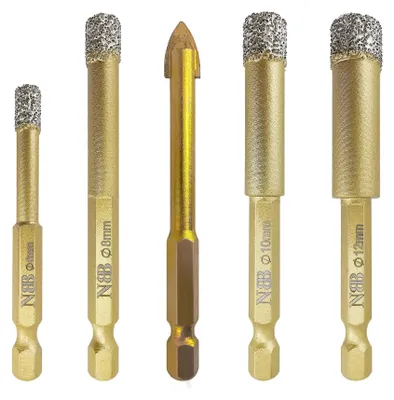 Obrázek produktu pro Diamantové vrtáky s šestihrannou stopkou – sada 5 kusů pro keramiku a žulu