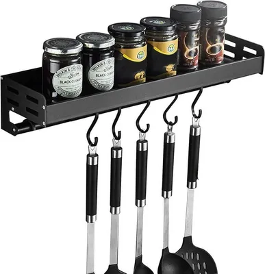 Obrázek produktu pro Stojan na kořenky, držák na kořenky, nástěnný stojan na kuchyňské náčiní se 6 háčky, bez nutnosti vrtání, hliník, nerez, černý, 40 cm