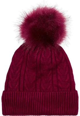 Produktbild von styleBREAKER Damen Feinstrick Bommelmütze mit Zopfmuster, Kunstfell Bommel Mütze, gefütterte Winter Strickmütze 04024100