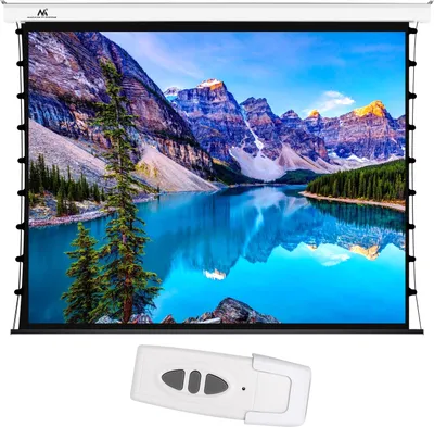A motorized projection screen displaying a landscape image, with a remote control in the foreground.