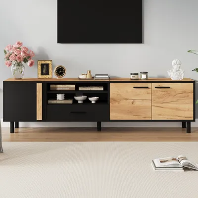 Produktbild von Lowboard 180 cm TV-Schrank für Fernseher bis 80 Zoll, TV-Board mit drei Schranktüren, Schublade und offenem Fach, Holzoptik Schwarz
