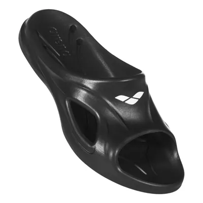 A black slide sandal on a white background.