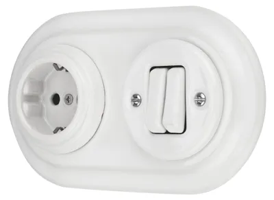 Productafbeelding van Inbouw porselein retro stopcontact, dubbele schakelaar, 2-voudig, wit