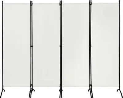 A four-panel room divider with white fabric screens and black metal frames, set against a white background.