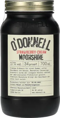 A black glass bottle of O'Donnell Moonshine Strawberry Cream liqueur.