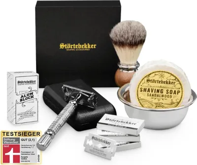 Produktbild von Störtebekker® Premium Rasierset - Rasierhobel Silber – inkl. Echtlederetui (Schwarz) - Rasierseife Sandelholz Duft - Rasurset / Bartpflege Set