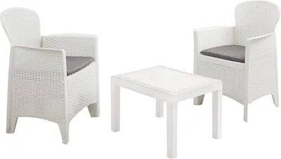Produktbild von Outdoor-Lounge-Set Foggia, Gartengarnitur mit 2 Sesseln und 1 Couchtisch, Sitzecke in Rattan-Optik mit Kissen, 100 %  Italy, Weiß