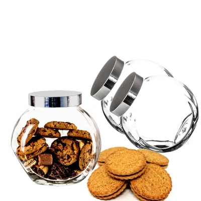 Produktbild von Thats Shopping GmbH Bonbonglas 2er Set, 2 Liter, mit Schraubdeckel, Glas Transparent silber, für Süßigkeiten, Kekse, Mehl & Gewürze, aufrecht, 45 Grad Winkel oder liegend aufstellbar
