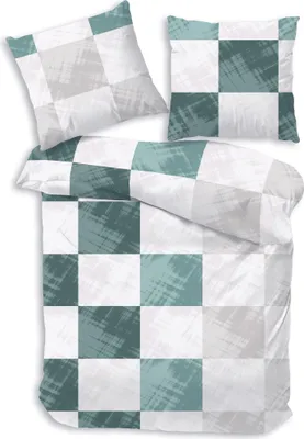 A bedding set with two pillowcases and a duvet cover, laid out flat on a white background.