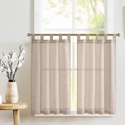 Obrázok produktu pre Unyqoos® Polopriehľadné závesy do kuchyne, vzhľad ľanu – sada 2 kusov (65 x 60 cm), štýl rustikálny a "cottagecore", s pútkami na zavesenie