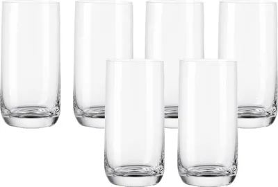 Six clear drinking glasses arranged in two rows on a white background.
