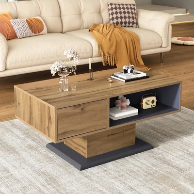 Immagine prodotto di okwish tavolino da salotto tavolo con ripiano e scomparti bifacciali, tavolino da salotto con venature del legno, tavolo da divano per soggiorno, rovere + grigio-nero